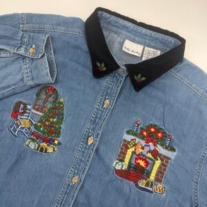 Bobbie Brooks Womens XL Denim Button Shirt Long Sleeve Christmas Embroidered
